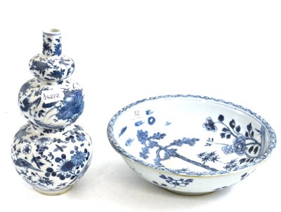 Lot 52 - Chinese triple gourd vase with blue and white decoration, 25cm high and blue and white pottery bowl
