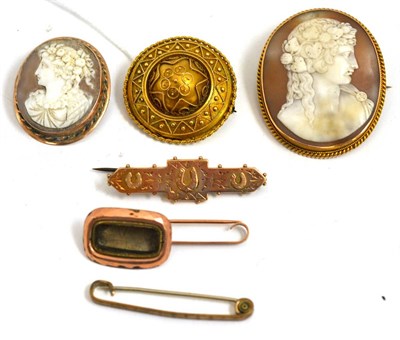 Lot 57 - Two cameo brooches, three bar brooches and two others