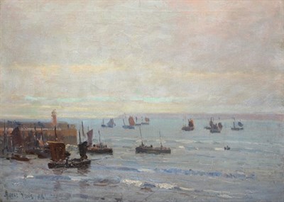 Lot 28 - Albert Woods (1871-1944) Shipping off a pier in a calm  Signed and dated 1918, oil on canvas,...