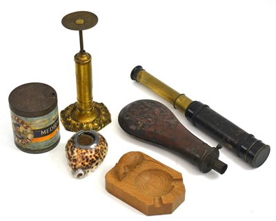 Lot 69 - Mouseman ashtray, telescope, shot flask, etc