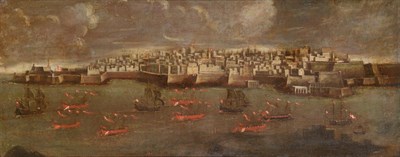 Lot 31 - Follower of Tommaso Ruiz (active c.1710-c.1760) Italian  Panoramic view of Valetta Harbour,...