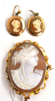 Lot 96 - A cameo brooch stamped '9CT' and a pair of cameo earrings