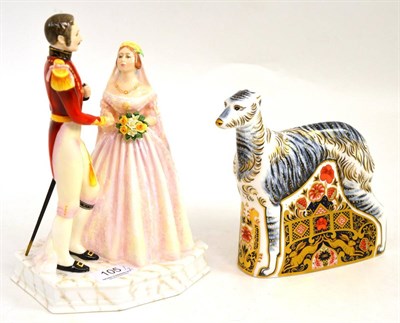 Lot 105 - Royal Crown Derby lurcher paperweight (gold stopper) and a Royal Doulton Queen Victorian and Prince