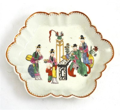 Lot 116 - A Worcester chinoiserie lobed dish or spoon dish c1765, the centre painted in polychrome with...