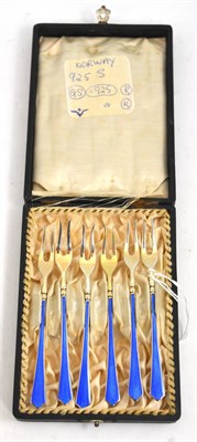 Lot 118 - A set of six cased silver and enamel forks, stamped '925', maker's mark GS