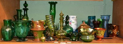 Lot 135 - Shelf of assorted coloured glassware, cut glass, decorative items, etc