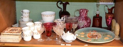 Lot 137 - A quantity of ceramics and glass including cranberry glass, a W.A.A & Co tea service, tiles, etc