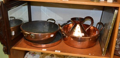 Lot 149 - Two copper jam pans, lid, jug, picture and mirror