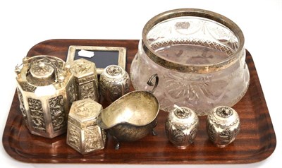 Lot 158 - Silver mounted glass bowl, silver photograph frame, silver sauce boat and Eastern metalwares