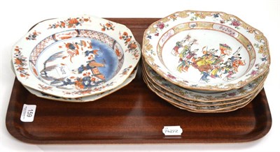 Lot 159 - Two 18th century Chinese Imari decorated bowls, four famille rose plates and a bowl decorated...