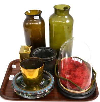 Lot 160 - Glass dome on ebonised stand, cloisonne bowl, brass goblet, two coloured glass vases, etc