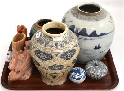 Lot 162 - Two carved soapstone groups, blue and white pottery ginger jars, others, etc