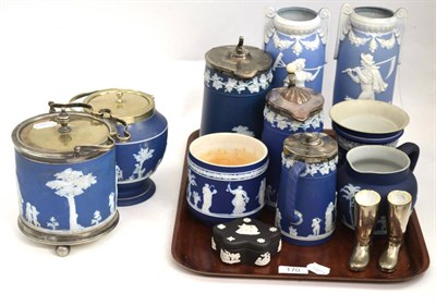 Lot 170 - A quantity of Wedgwood Jasperware including vases, biscuit barrels, jugs, etc, together with a pair