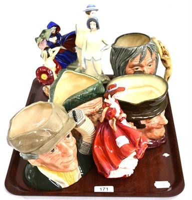 Lot 171 - Four Royal Doulton figures and four Royal Doulton character jugs together with a Carltonware figure