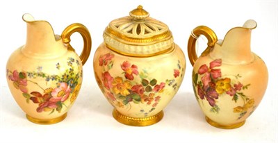 Lot 173 - A Royal Worcester Blush Ivory pot pourri jar and cover painted with flowers and two Royal Worcester