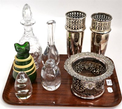 Lot 184 - Two signed glass Kosta vases, pierced plated bottle stand, pair of plated vases, green glass...