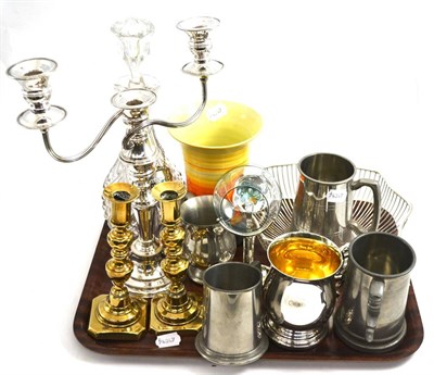 Lot 189 - A Shelly vase, decanter with silver ";whisky"; decanter label, pewter tankards, silver plate...