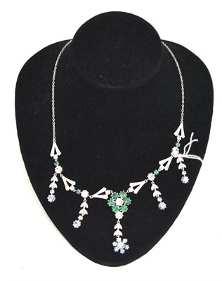 Lot 199 - A 9ct white gold, green, white and blue paste floral motif necklace