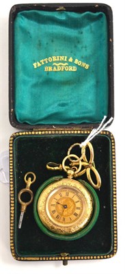 Lot 200 - A lady's fob watch circa 1900, gilt bar cylinder movement, case stamped 18k, 35mm wide, with a...