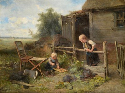 Lot 42 - Mari Ten Kate (1831-1910) Dutch  The Young Artist - Children before a thatched cottage with artists