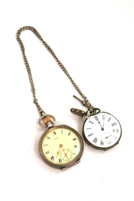 Lot 219 - A silver pocket watch signed Waltham with attached silver chain, and a pocket watch with case...