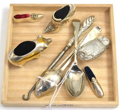 Lot 233 - Silver pin cushion shoe, another as a gent's slipper, plated pin cushions and silver flatware