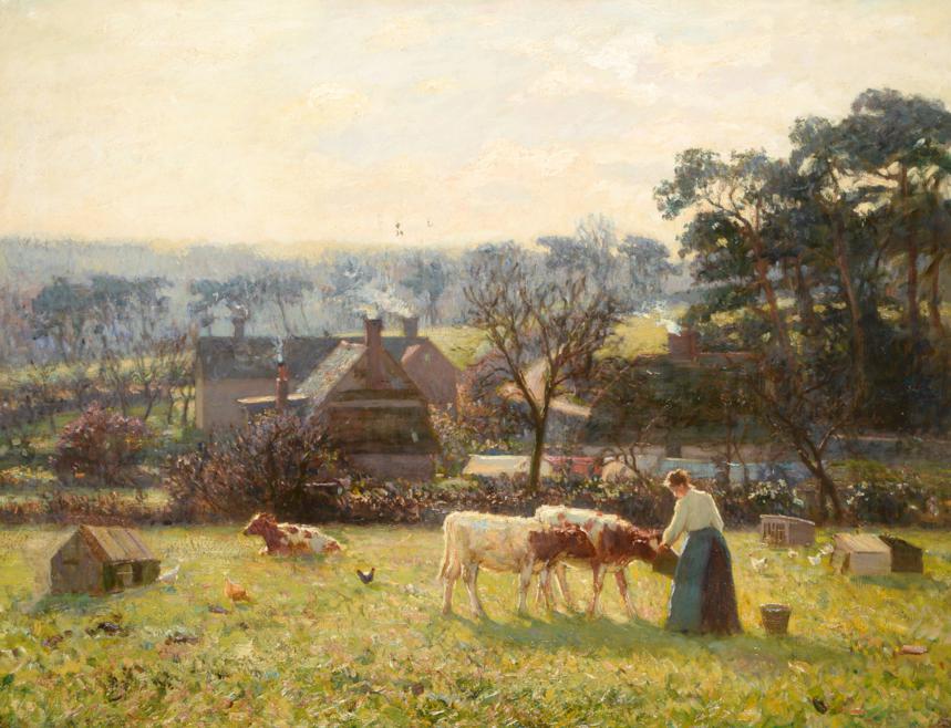 Lot 48 - Ernest Higgins Rigg (1868-1947) Feeding time - Country girl tending the calves Signed, oil on...