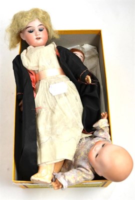 Lot 263 - Armand Marseille 390 small bisque head doll with blue eyes, bisque head Pierrot doll and bisque...