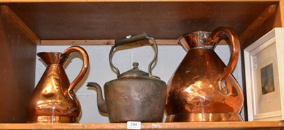 Lot 284 - Copper two Gallon jug, a copper 1/2 gallon jug, a kettle and a watercolour of figures on a...