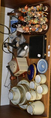 Lot 288 - Shelf of ceramics including Goebel figures, cased set of silver spoons, Wedgwood Jasperware,...