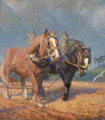 Lot 52 - Donald Wood (1889-1953)  "Summer Ploughing " Signed, with original inscribed label verso, oil...