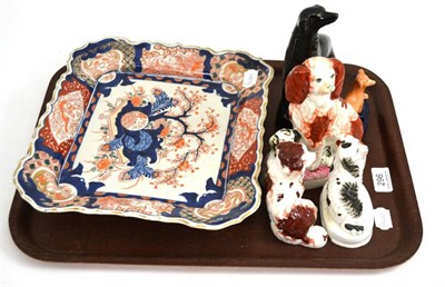 Lot 296 - Imari dish and five Staffordshire dogs