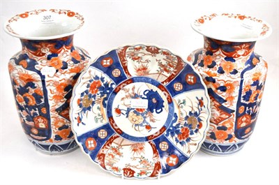 Lot 307 - Large pair of Imari vases and a similar charger