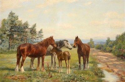Lot 57 - Wright Barker (1864-1941) Group of horses and a foal Oil on canvas, 66cm by 99cm   See illustration