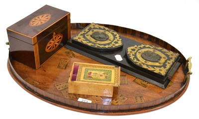 Lot 313 - Tray inlaid with dominoes, tea caddy, small box and a book slide with horse head mounts