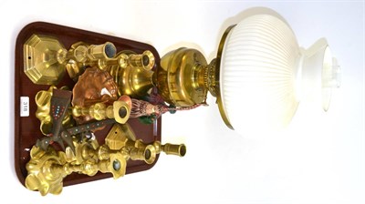 Lot 318 - Victorian brass oil lamp together with a group of six 19th century brass candlesticks and an...