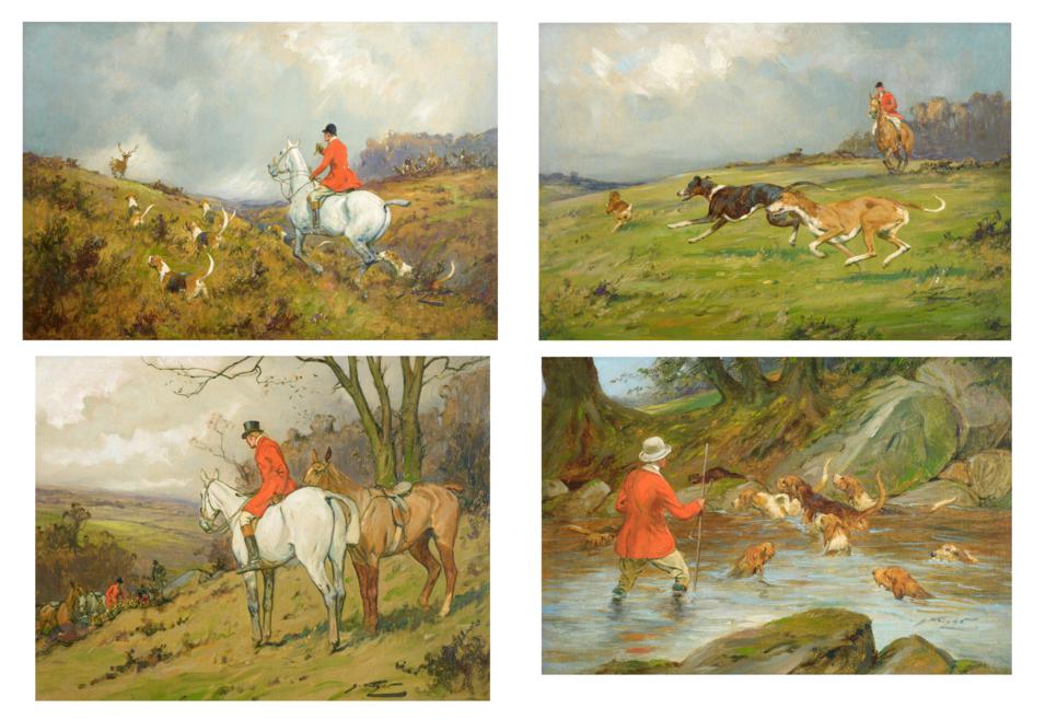 Lot 59 - George Wright (1860-1942)  Hare Coursing  Fox Hunting  Stag Hunting  Otter Hunting  Signed, oil...