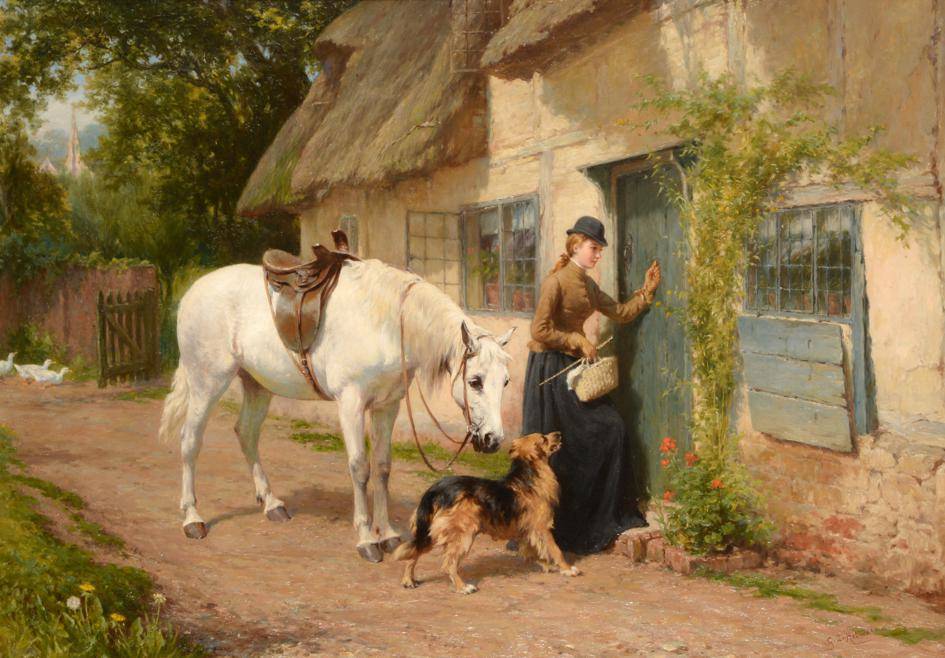 Lot 60 - George Augustus Holmes RBA (1822-1911) An elegant young lady in riding attire at a cottage door...