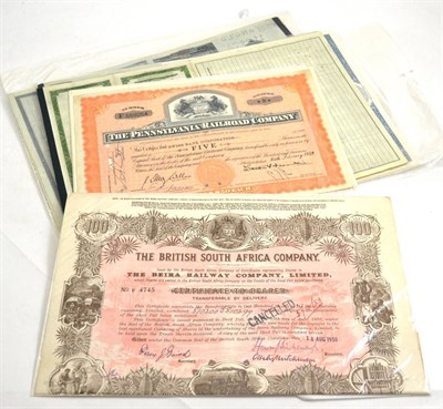 Lot 341 - Scripophily - A small quantity of North American railroad company share certificates and one...