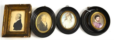 Lot 392 - Three framed portrait miniatures in watercolours, miniature of a young lady in a white dress (a.f.)