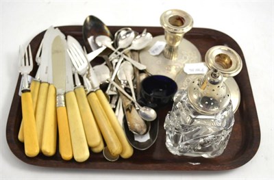 Lot 399 - Quantity of silver including a pair of squat candlesticks, cutlery, shaker, etc