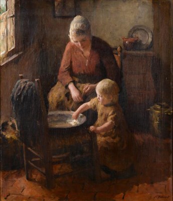Lot 67 - Bernard Pothast (1882-1966)  "Helping Mother "  Signed, oil on canvas, with partially lost...