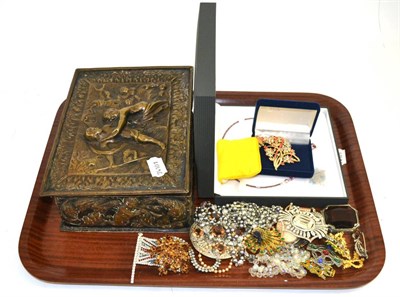 Lot 402 - Electroplated embossed hinged box, costume jewellery, cameo brooch, etc