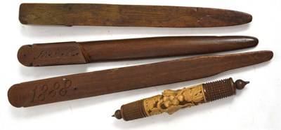 Lot 405 - Two similar late 19th century knitting sticks initialled 'JEH' 'MAH' and two other items