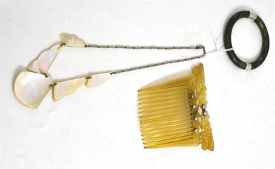 Lot 418 - Hair comb carved with grasshoppers, jadeite bangle and mother-of-pearl necklace (3)