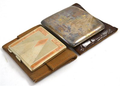 Lot 419 - Chinese silver cigarette case engraved with ducks and an Art Deco compact, both in cases