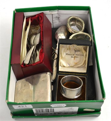 Lot 421 - Teaspoons, two silver cigarette cases, two dessert spoons, cased silver napkin ring and two...