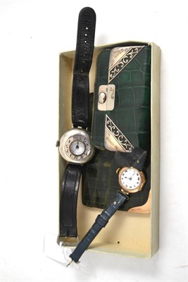 Lot 424 - Green crocodile leather small purse with silver mounts, another with 9ct gold mounts and two...