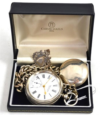 Lot 426 - Silver pocket watch, case stamped '925', silver watch chain with attached medal and small box