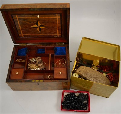 Lot 438 - Collection of costume jewellery and watches in a Victorian walnut and crossbanded jewellery...